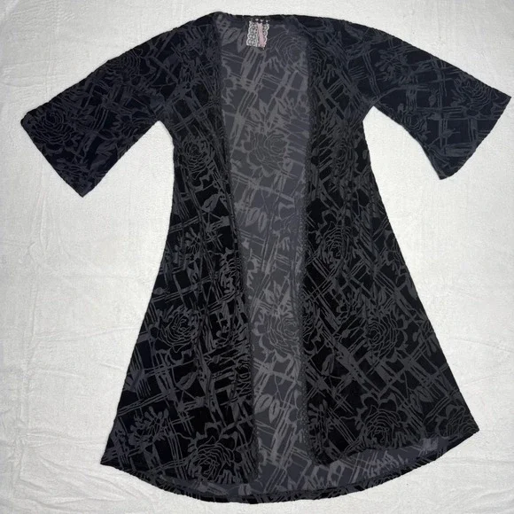 Maeve Anthropologie Velvet Burnout Kimono Cardigan Black Rose Geometric Duster M - Picture 4 of 9